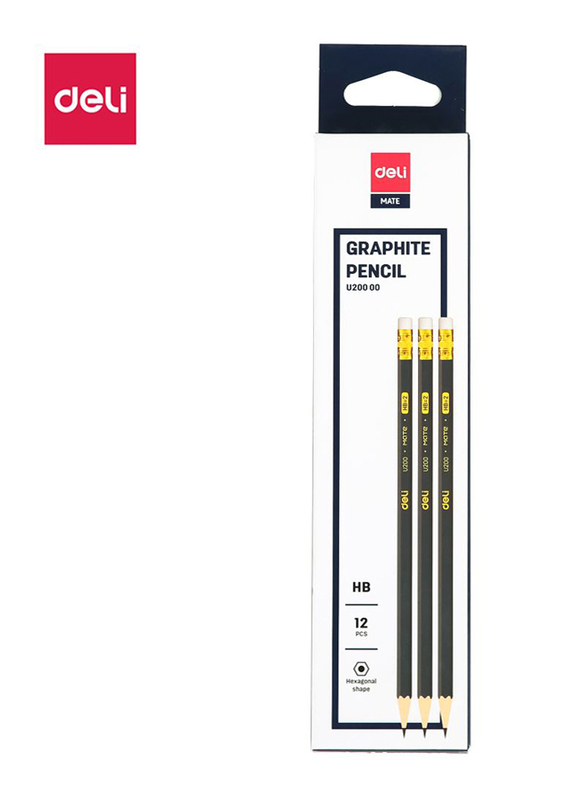 Deli EU20000 HB Graphite Pencil with Eraser, 12 Pieces, Black
