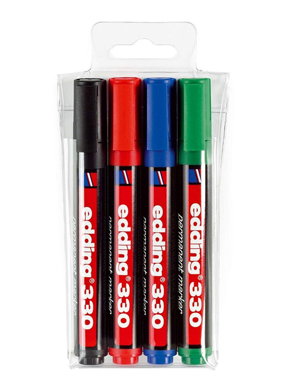 Edding E-330/4 S Permanent Markers with Chisel Nib, 4 Pieces, Black/Blue/Red/Green