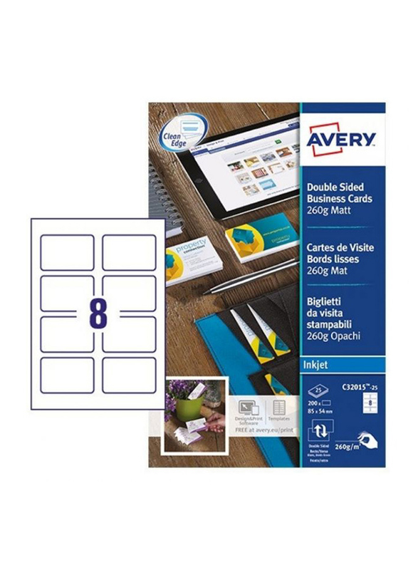 Avery C32015-25 Premium Business Cards, 260 GSM, 85 x 54mm, 8 Cards Per Sheet, 25 Sheets Per Pack, Matt White