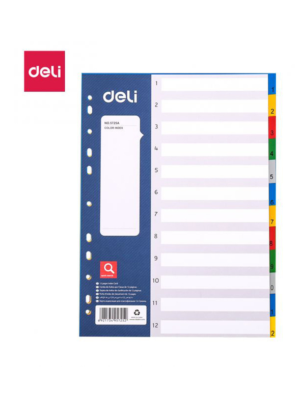 Deli E5725A Color Divider with Numbers, 12 Sheets, A4 Size, Multicolor