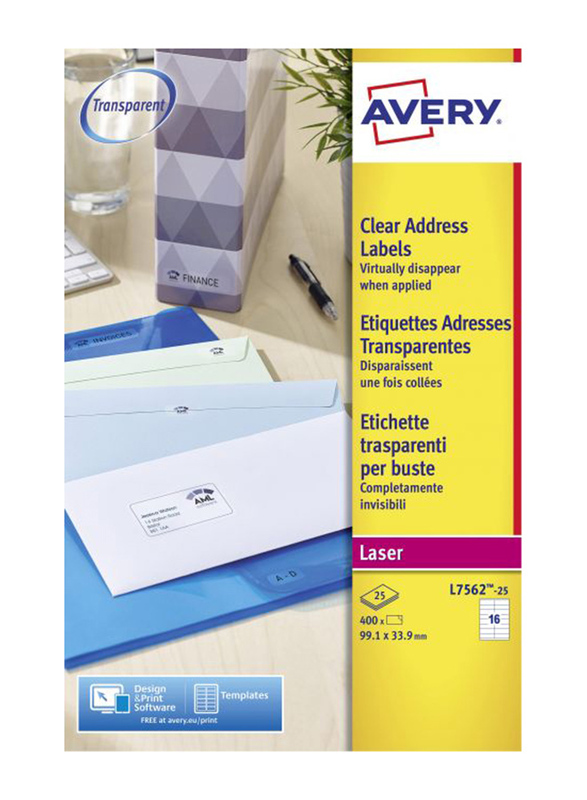 Avery L7562-25 Self Adhesive Address Mailing Labels, 99.1 x 34mm, 16 Labels Per Sheet, 25 Sheets in a Pack, Clear
