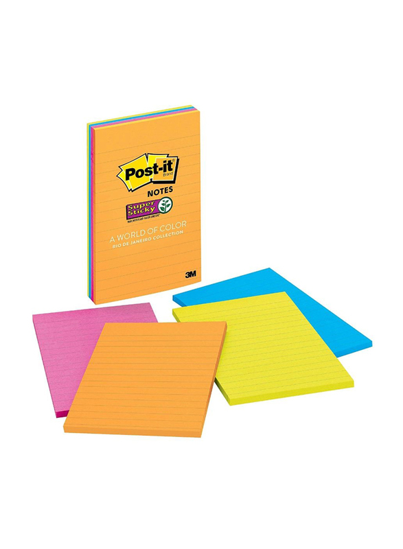 3M Post-It 4621-SSAU Lined Super Sticky Notes, 101.6 x 152.4mm, 4 x 45 Sheets, Multicolor