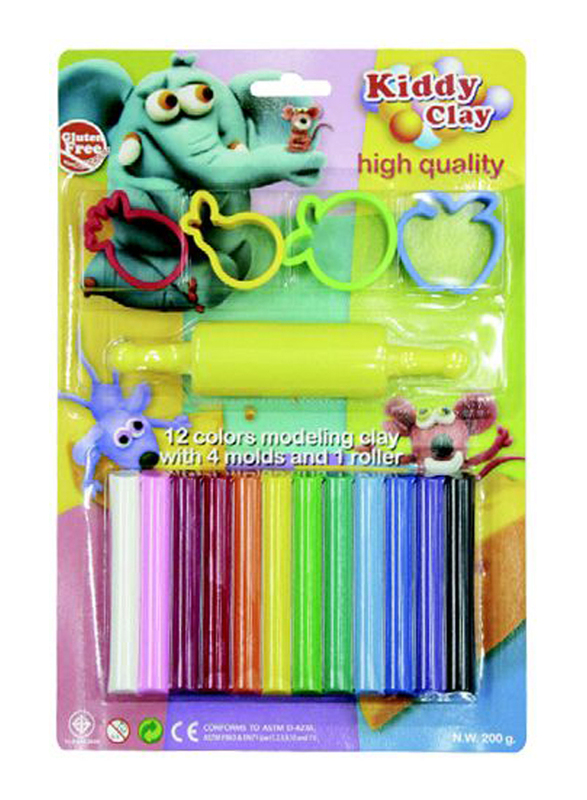 Kiddy Clay Modeling Clay with 4 Molds and 1 Roller, 12 Pieces, Multicolor