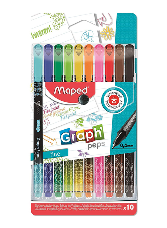 Maped 10-Piece Graph'Peps Fine Point Durable Tip Writing Comfort Felt-Tip Pen Set, 0.4mm, 749050, Multicolor