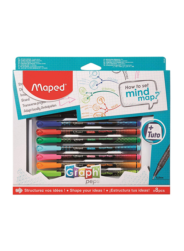Maped 8-Piece How To Set Mind Map Exam Fine Point Marker Kit, 0.4mm, Multicolor