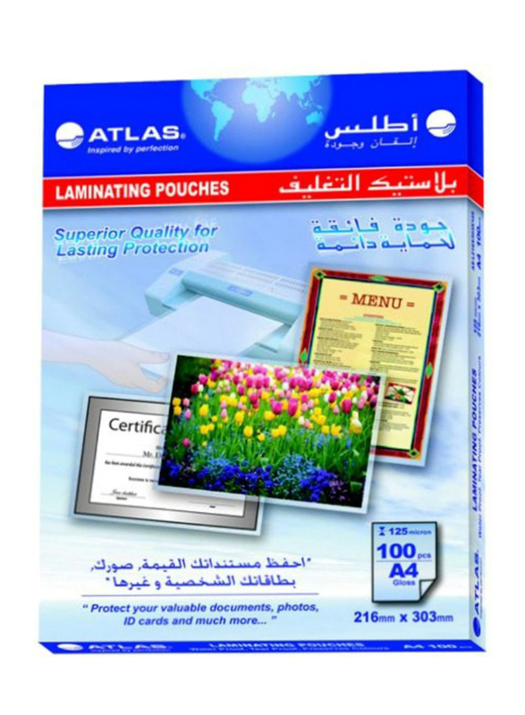 Atlas Laminating Pouch, A4 Size 125 Micron, 100 Pieces, Clear