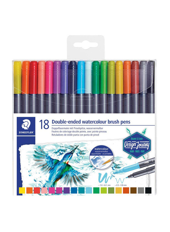 Staedtler 3001 TB18 Double Ended Watercolor Brush Pens, 18-Pieces, Multicolor