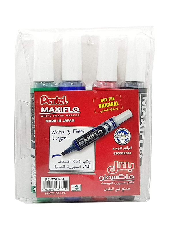 Pentel 4-Piece Maxiflo Whiteboard Marker Chisel with Broad Wallet, Multicolor