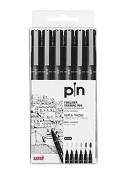Uniball 6-Piece Fine Line Drawing Marker Set, PIN-200, Black