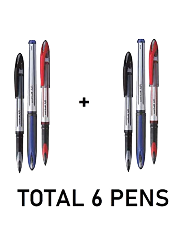 Uniball 6-Piece Air Medium Rollerball Pen Set, 0.7mm, Blue/Black/Red
