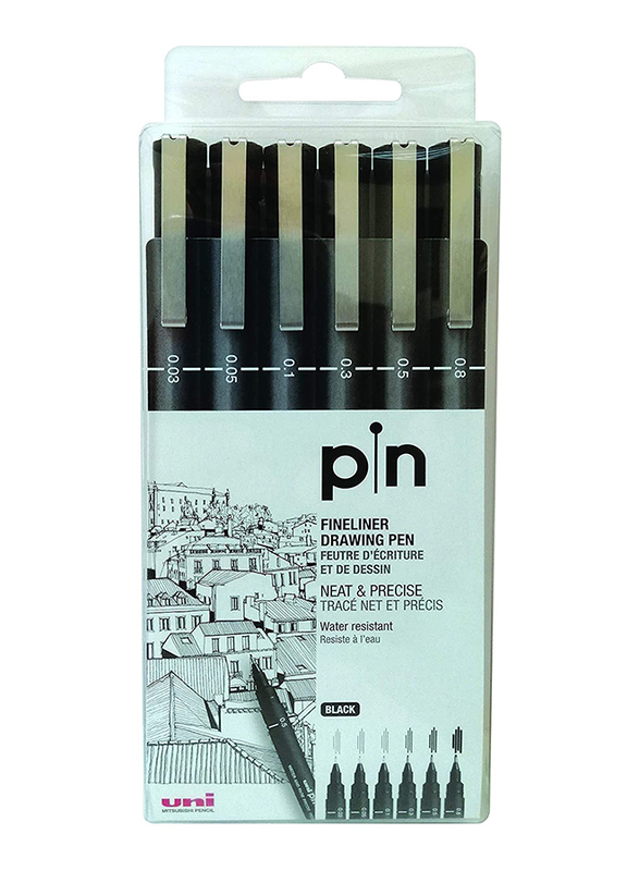 Uniball 6-Piece Uni Pin Fine Liner Pen Set, Black