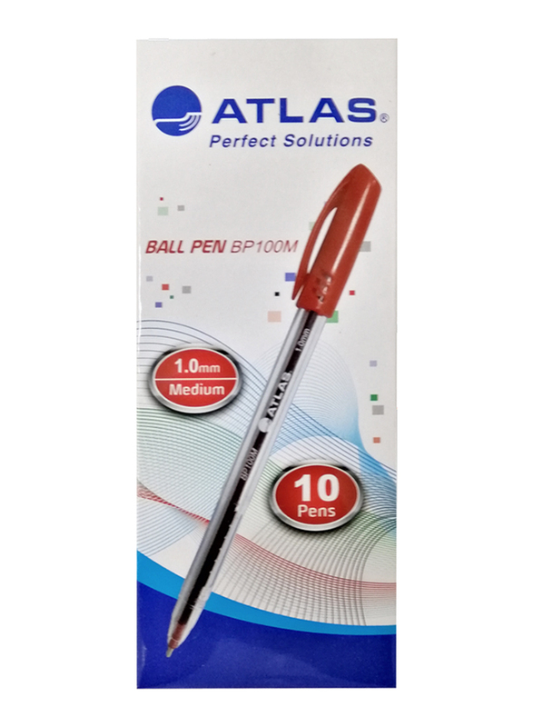 Atlas 10-Piece 1.0mm Medium Ballpoint Pens Set, BP100M, Red