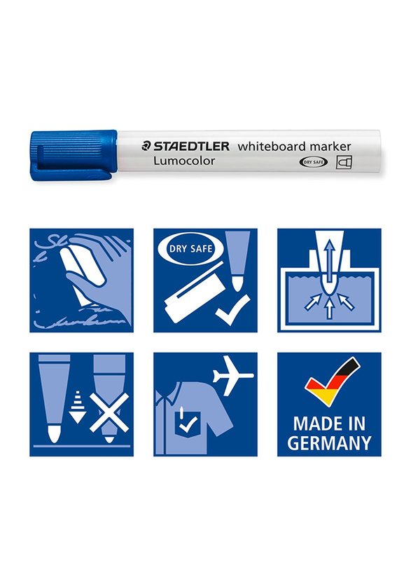 Staedtler Lumocolor 351 Whiteboard Markers with Bullet Tip, 10-Pieces, Blue