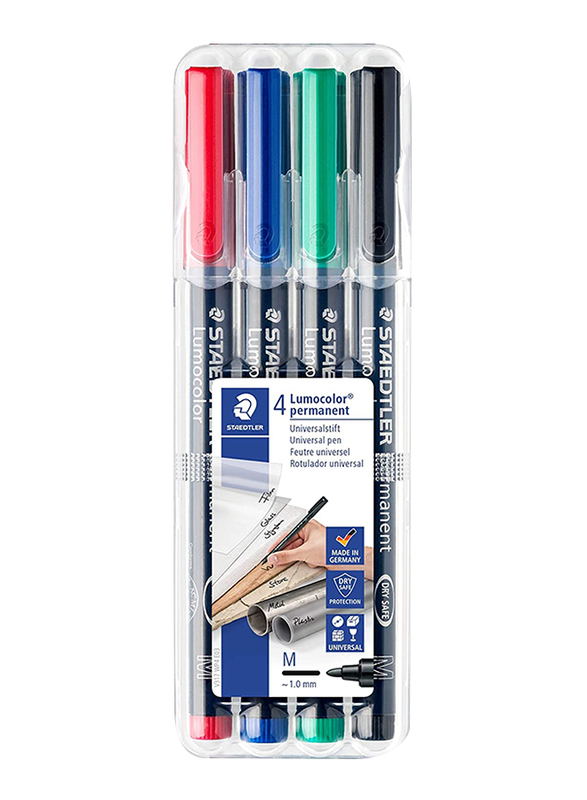 Staedtler Lumocolor Permanent 317 WP4 Universal Pens, 1.0mm, 4-Pieces, Multicolor