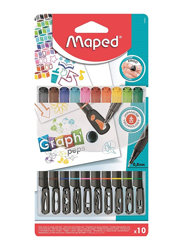 Maped 10-Piece Graph'Peps Triangular Felt Tipped Pens Set, 0.4mm, Multicolor