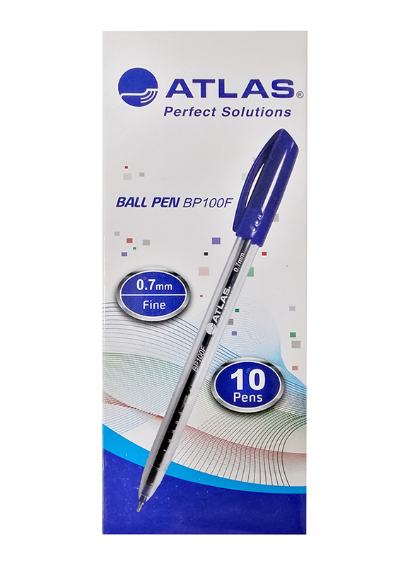 Atlas 10-Piece 0.7mm Fine Ballpoint Pens Set, BP100F, Blue