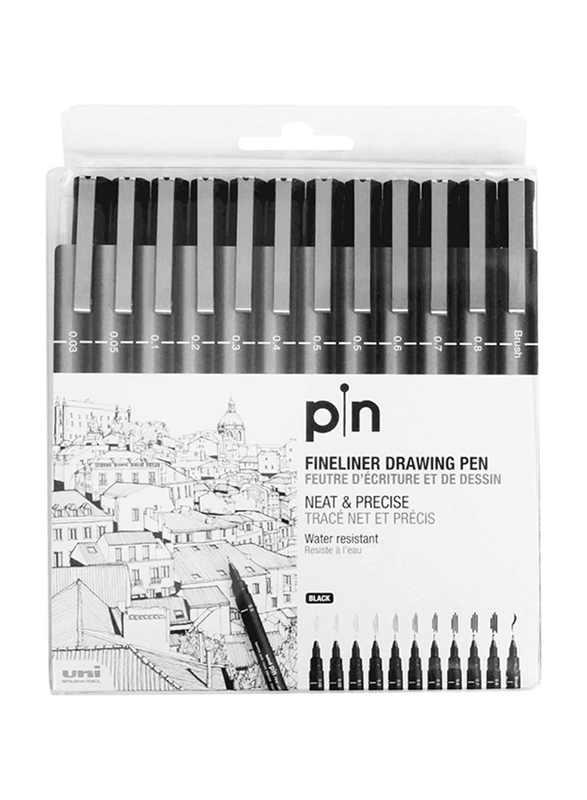 Uniball 12-Piece Pin Fineliner Drawing Pen Set, Black