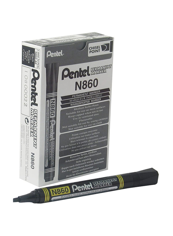 Pentel 12-Piece N860 Chisel Tip Permanent Marker Set, Black