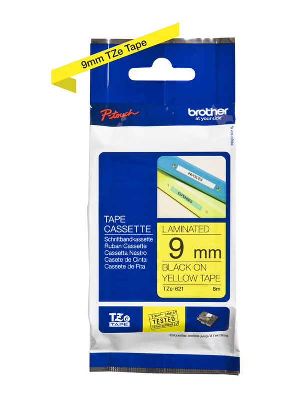 Brother TZE621 Laminated Tape, 9mm, Black on Yellow
