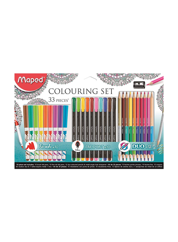 Maped 33-Piece Coloring Set with Brush Felt Tips, Fineliner Pens, Coloured Pencils and Metal Sharpener, MD-897417, Multicolor