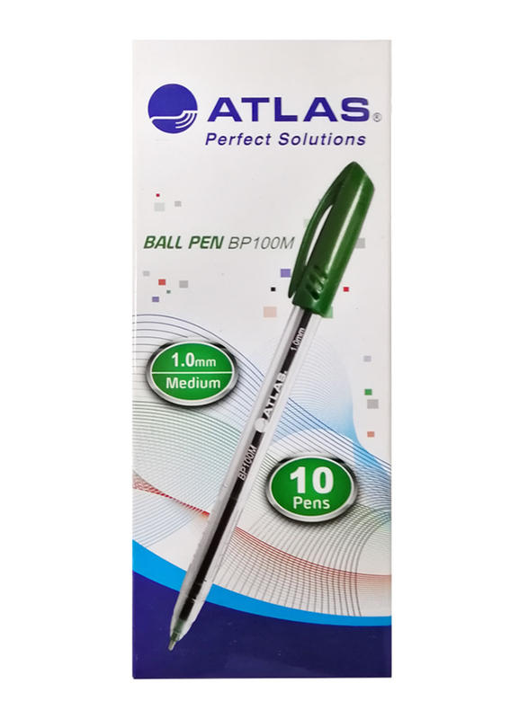 Atlas 10-Piece 1.0mm Medium Ballpoint Pens Set, BP100M, Green