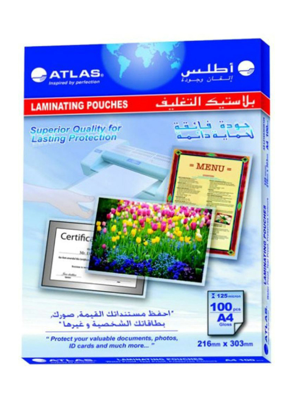 Atlas Laminating Pouch, A3 Size 125 Micron, 100 Pieces, Clear