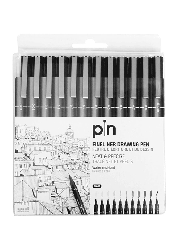 Uniball 12-Piece Fineliner Drawing Pen Set, 0.1mm-0.8mm, Black