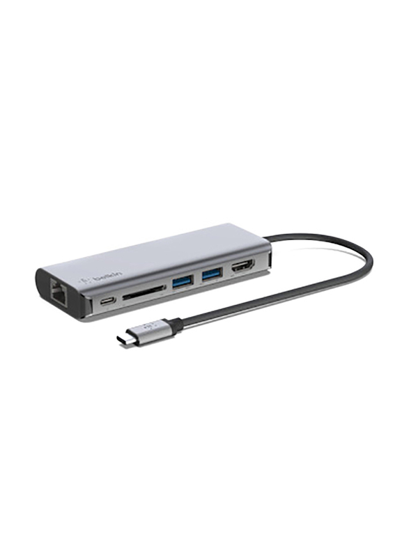 Belkin USB-C 6-in-1 Multiport Adapter, USB Type-C to 2 USB Type A, HDMI 4K, GBE, USB Type-C 100W PD, SD Card Slot for PC/Laptops, AVC008btSGY, Grey
