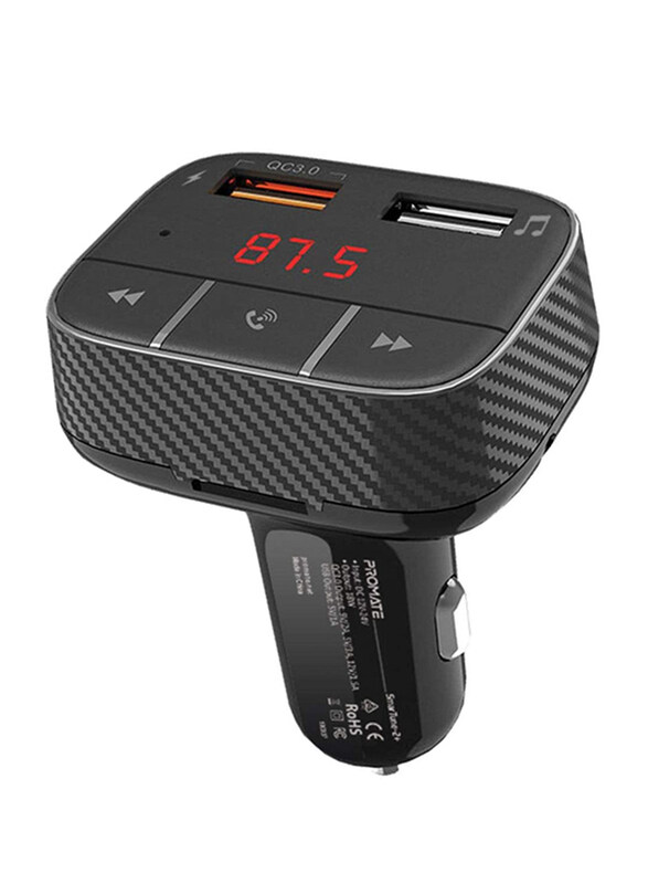 

Promate SmarTune-2+ Bluetooth 5.0 Car FM Transmitter with Qualcomm QC 3.0, Black