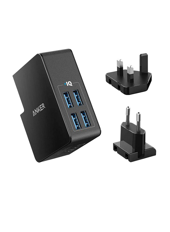 

Anker PowerPort 4 Lite UK + EU Plug Wall Charger, 27W 4-USB Ports with PowerIQ Technology, Black