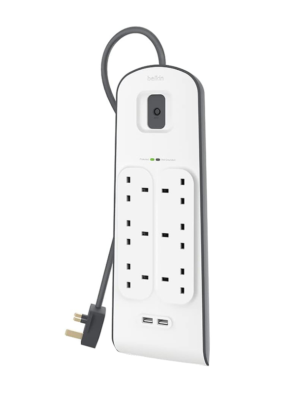 Belkin 2-Meter 6-Way Surge Protection Strip Wall Charger with 2.4A USB Charging, White/Grey