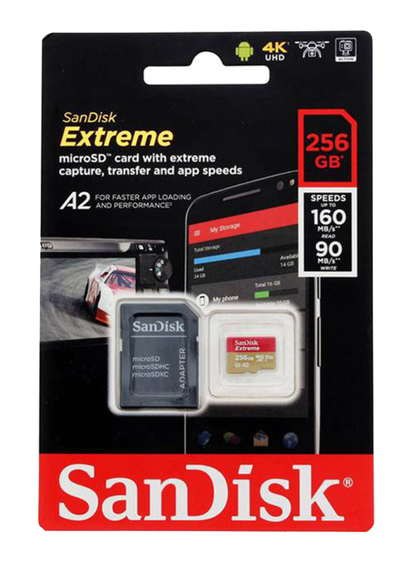 SanDisk 256GB Extreme UHS-I microSDXC Memory Card, SD Adapter & Rescue Pro Deluxe, 160MB/s, Red/Gold