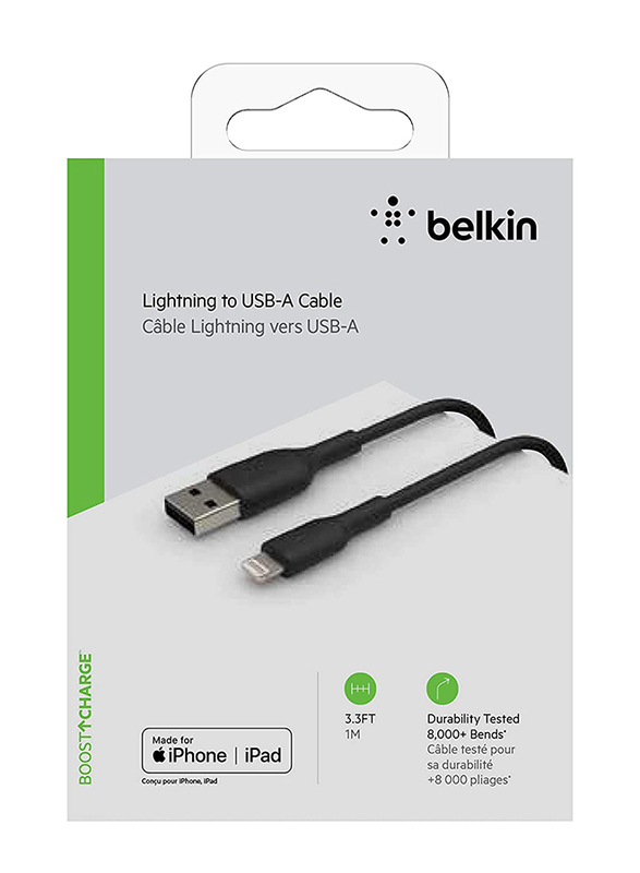 Belkin 1-Meter PVC A-lTG Lightning Cable, USB Type A to Lightning for iPhone, iPad, AirPods, Black