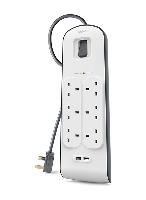 Belkin 2 USB 2.4A Surge 6 Outlet Strip with 2-Meter Cable, BSV604af2M, Multicolour