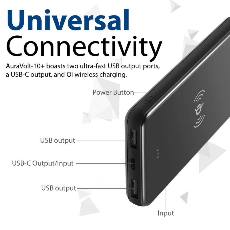 Promate 10000mAh Auravolt 10+ Qi Wireless Fast Charging Power Bank with Micro-USB Input and USB Type-C Input, Black