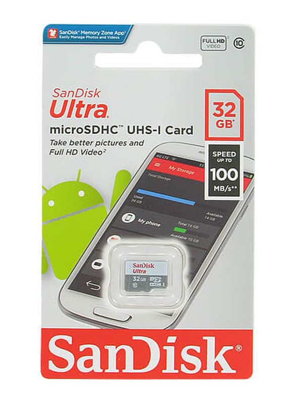 SanDisk 32GB Ultra Class 10 UHS-I MicroSDHC Memory Card, 100MB/s, White/Grey
