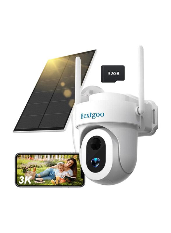 

Bextgoo 3K 5MP Solar Wireless Home Security Camera Outdoor with 32GB TF Card & 360° PTZ Battery Camera, White