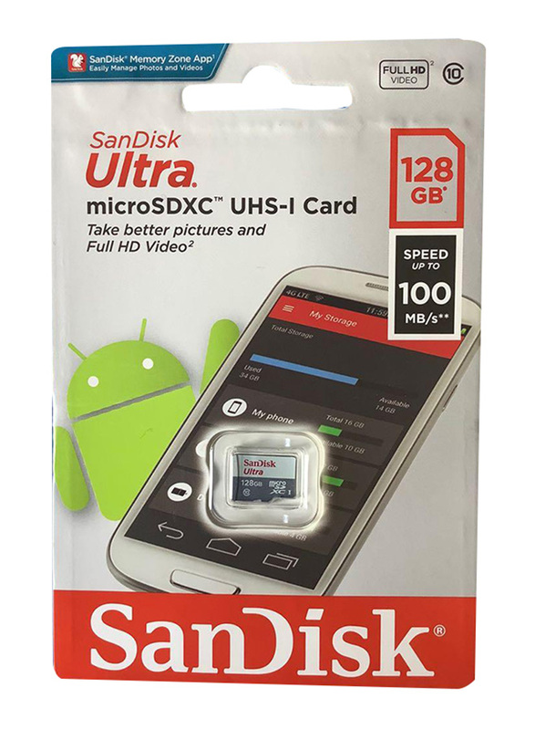 SanDisk 128GB Ultra Class 10 UHS-I MicroSDHC Memory Card, 100MB/s, White/Grey