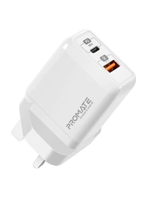 

Promate PowerCube-2 UK Plug Wall Charger, 18W USB Type-C Power Delivery and Qualcomm Quick Charge 3.0, White