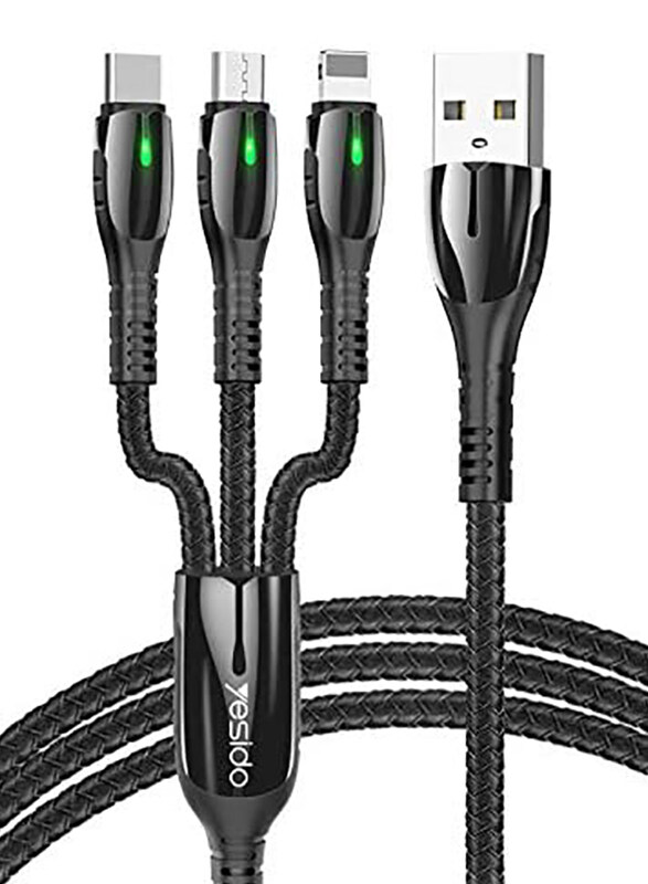 

Yesido 1.2-Meter 3-in-1 Cable Zinc Alloy Plating & LED Indicator Cable, Micro-B USB (10 pin) to Multiple Types, Black