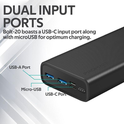 Promate 20000mAh Bolt-20 Dual USB Li-Po Fast Charging Power Bank, Micro-USB Input and USB Type-C Input, Black