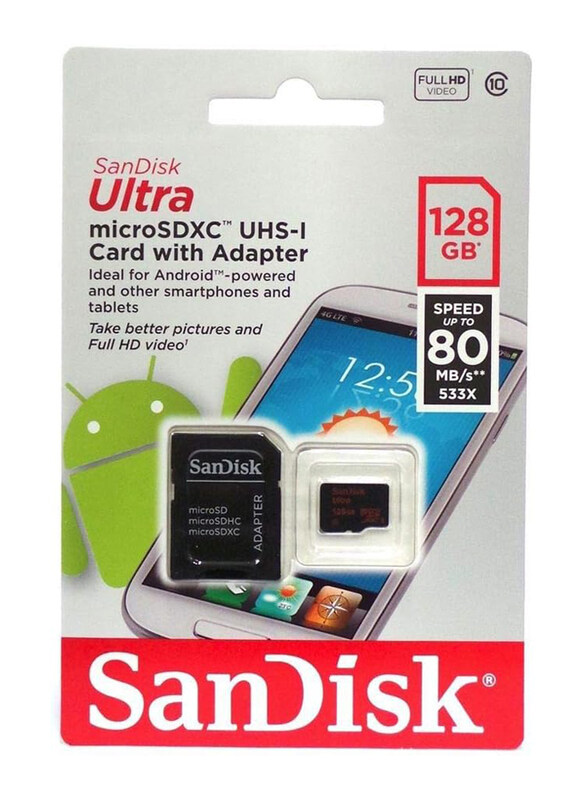 

SanDisk 128GB Ultra Class 10 microSDXC UHS-I Memory Card with Adapter, Black