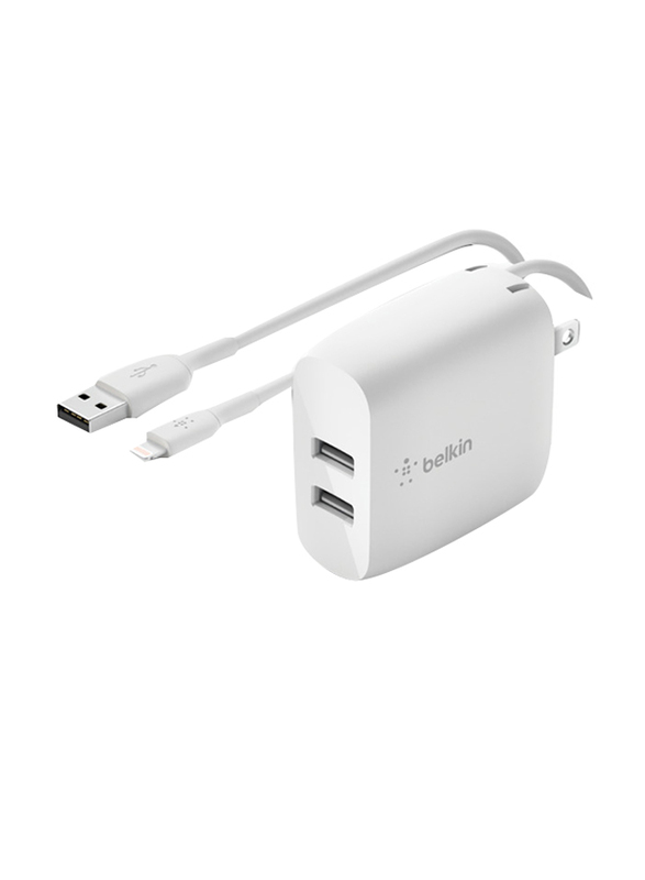 Belkin Dual Port Wall Charger with 1m Lightning Cable, 4.8Amp, 24W, White