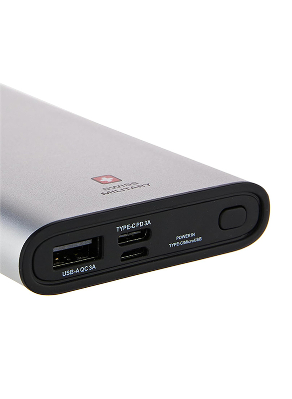 Swiss Military 10000mAh Fast Charging Chandoline PD Power Bank with Type-C and Micro-USB Input, SM-PB-CD1-10K-SIL, Silver