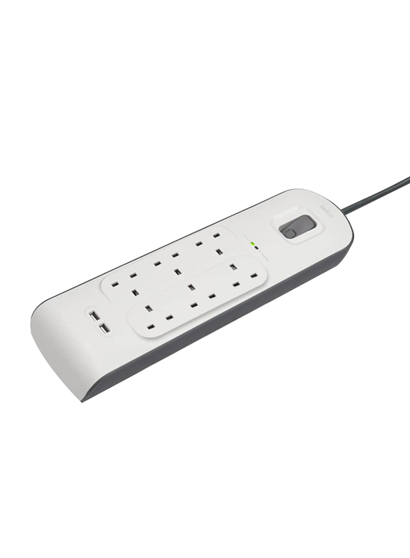 Belkin 2-Meter 6-Way Surge Protection Strip Wall Charger with 2.4A USB Charging, White/Grey