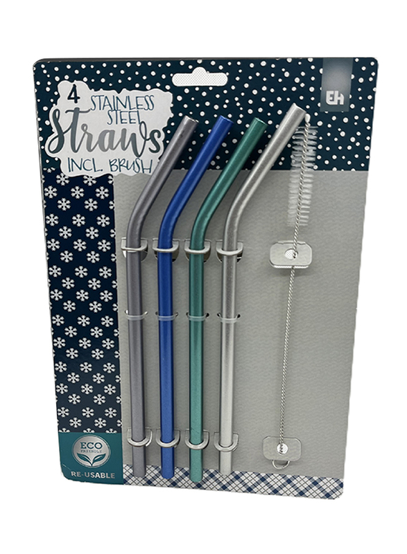 Excellent Houseware 5-Piece Reusable Stainless Steel Metal Straws with Cleaning Brush, Multicolour