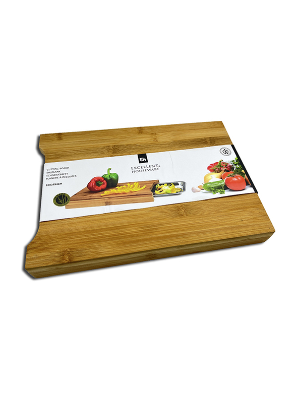 Excellent Houseware Bamboo Cutting Board with Stainless Steel Bowl, Brown