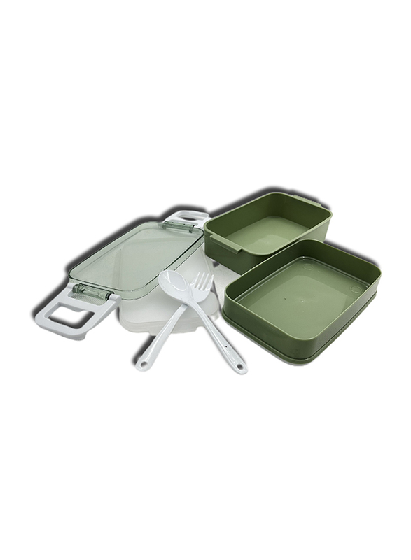 Lunch Box with Spoon & Fork & 2 Compartment, Green