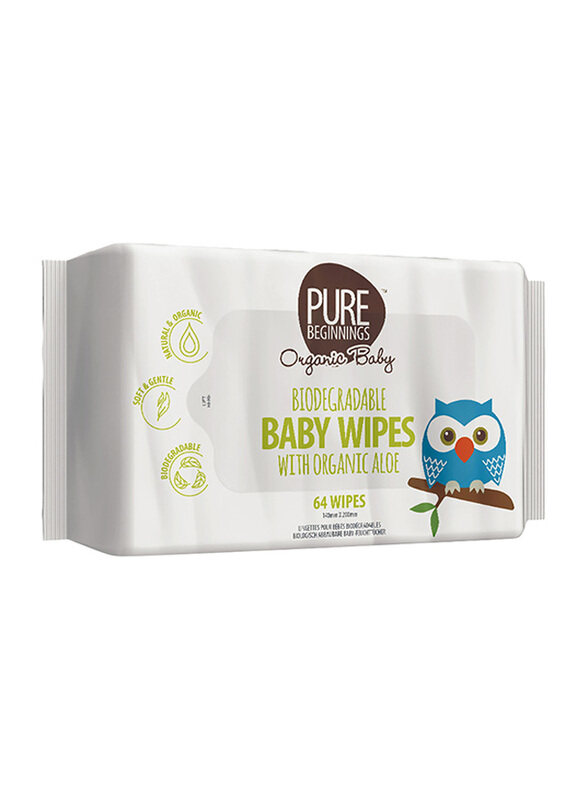 

Pure Beginnings 4-Piece Biodegradable Organic Baby Wipes with Organic Aloe, 64 Sheets, White
