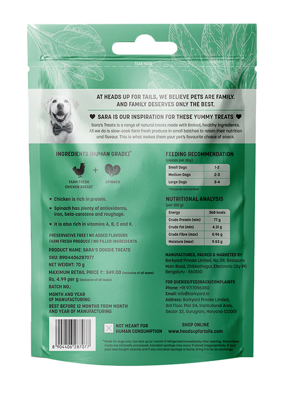 HUFT Sara'S Doggie Treats Chicken Jerky with Spinach Dry Food for Dog, 70g